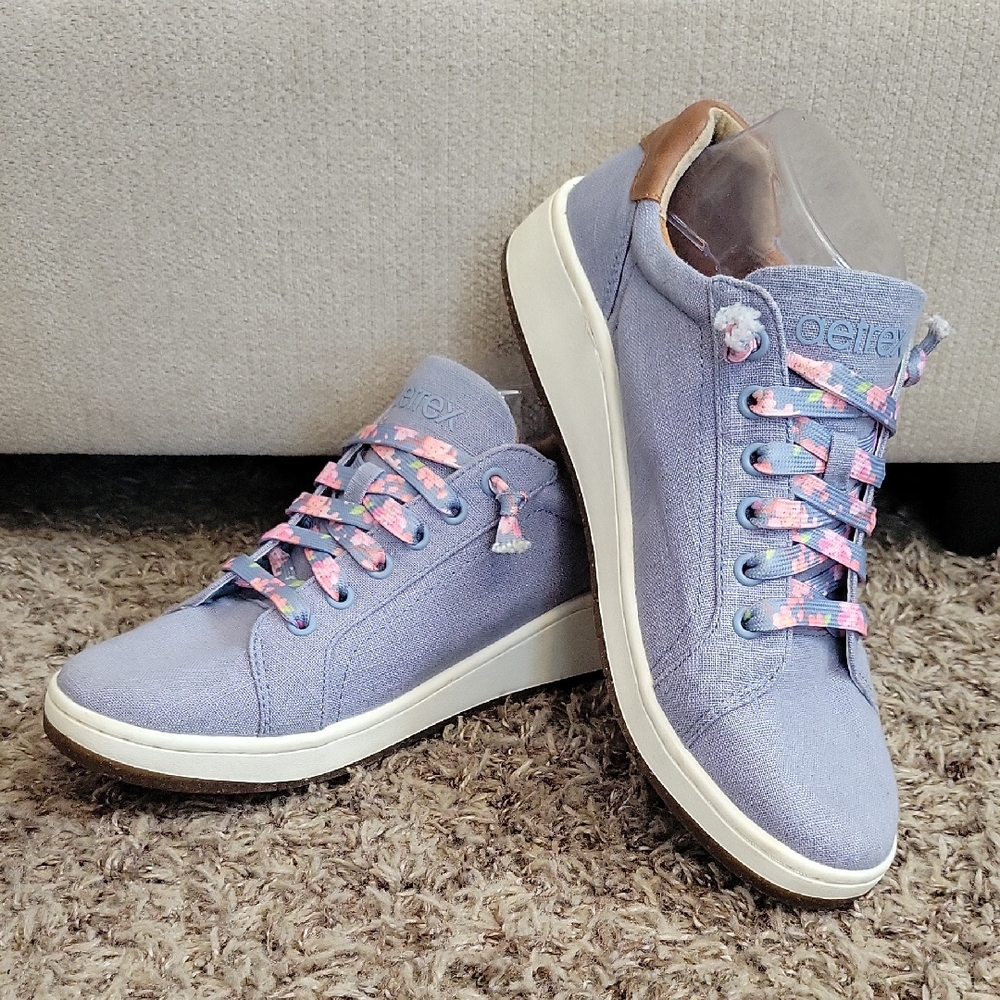 Aetrex Renee Arch Support Sneaker 9 9.5 Blue Comfort Vacation Floral Laces EUC